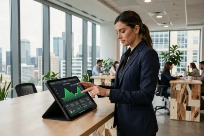 Responsable d'entreprise analysant des données de réduction de coûts et d'empreinte carbone sur une tablette dans un bureau moderne