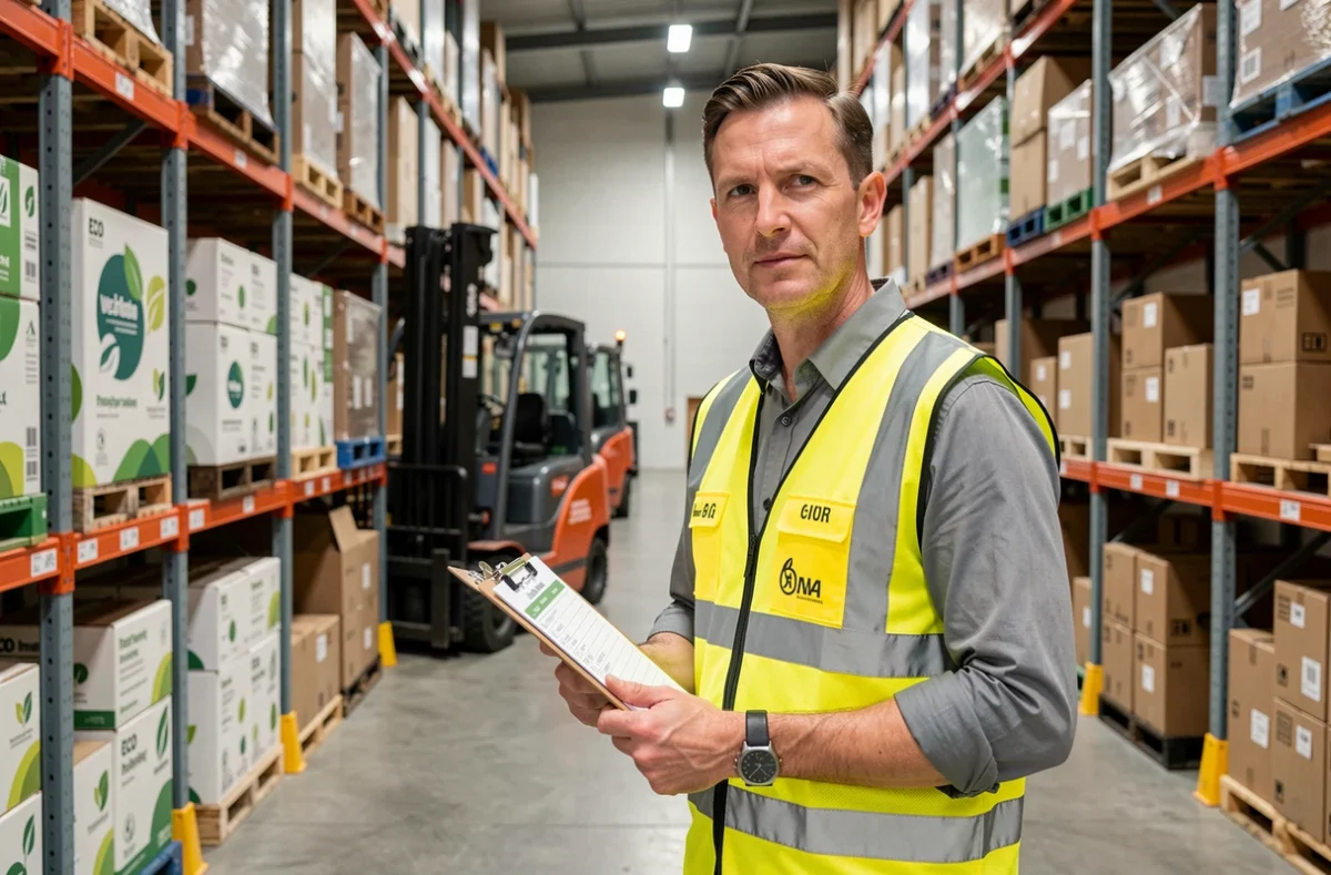 Responsable logistique en entrepôt moderne avec véhicules électriques et emballages écologiques pour réduire l'empreinte carbone