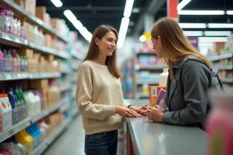 Femme effectuant un retour produit au comptoir du service client d'un magasin Action le dimanche