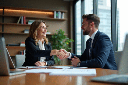 Deux cadres d'affaires se serrent la main dans une réunion professionnelle