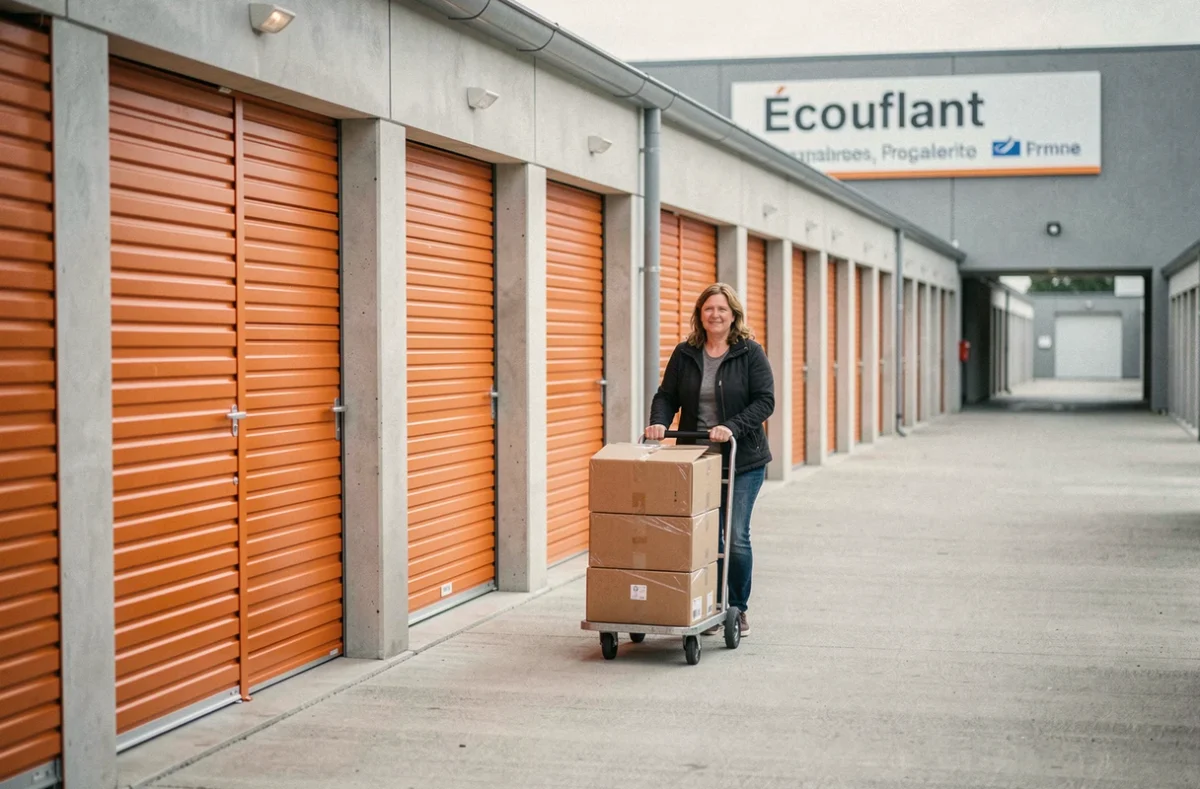 Couloir extérieur de l'entrepôt Selfstock.com Écouflant avec des portes de box en métal orange et une cliente transportant des cartons