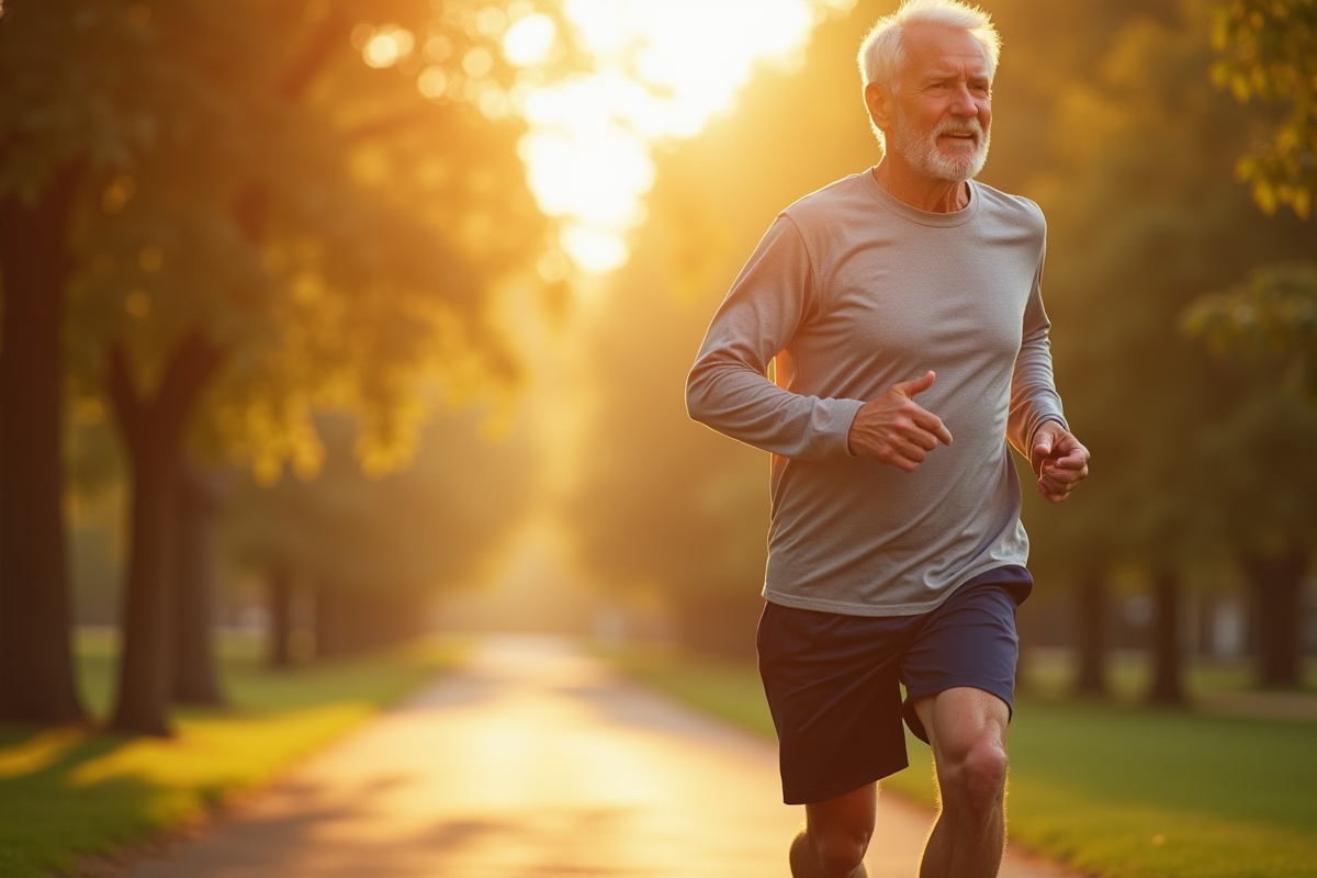 Senior actif courant dans un parc ensoleille avec vitalite