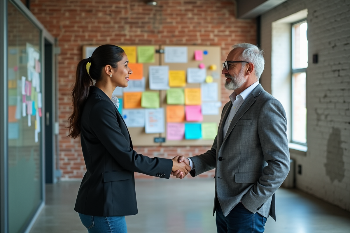 Jeune femme et homme se serrant la main dans un espace créatif