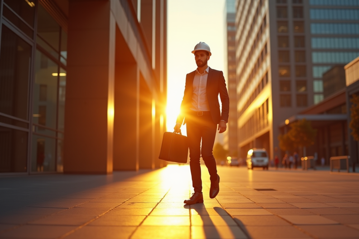 Employe quittant le bureau au coucher du soleil