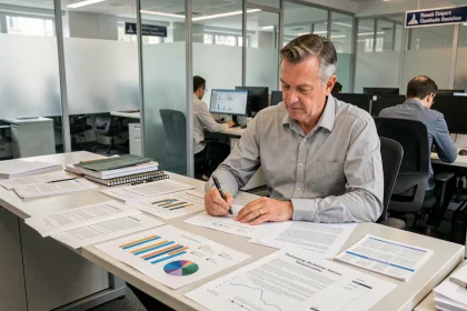 Statisticien de l'Insee analysant des rapports démographiques dans un bureau gouvernemental parisien