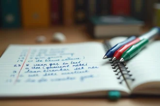 Stylo 4 couleurs effaçable posé sur un carnet avec des notes manuscrites colorées sur un bureau en bois