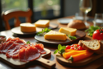 Table raclette rustique avec fromage fondu charcuterie et légumes