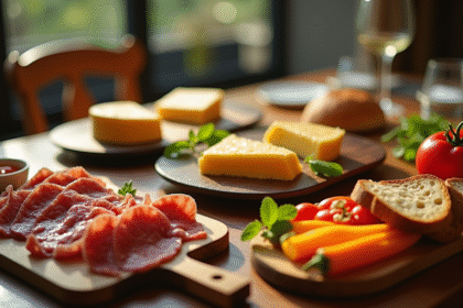 Table raclette rustique avec fromage fondu charcuterie et légumes