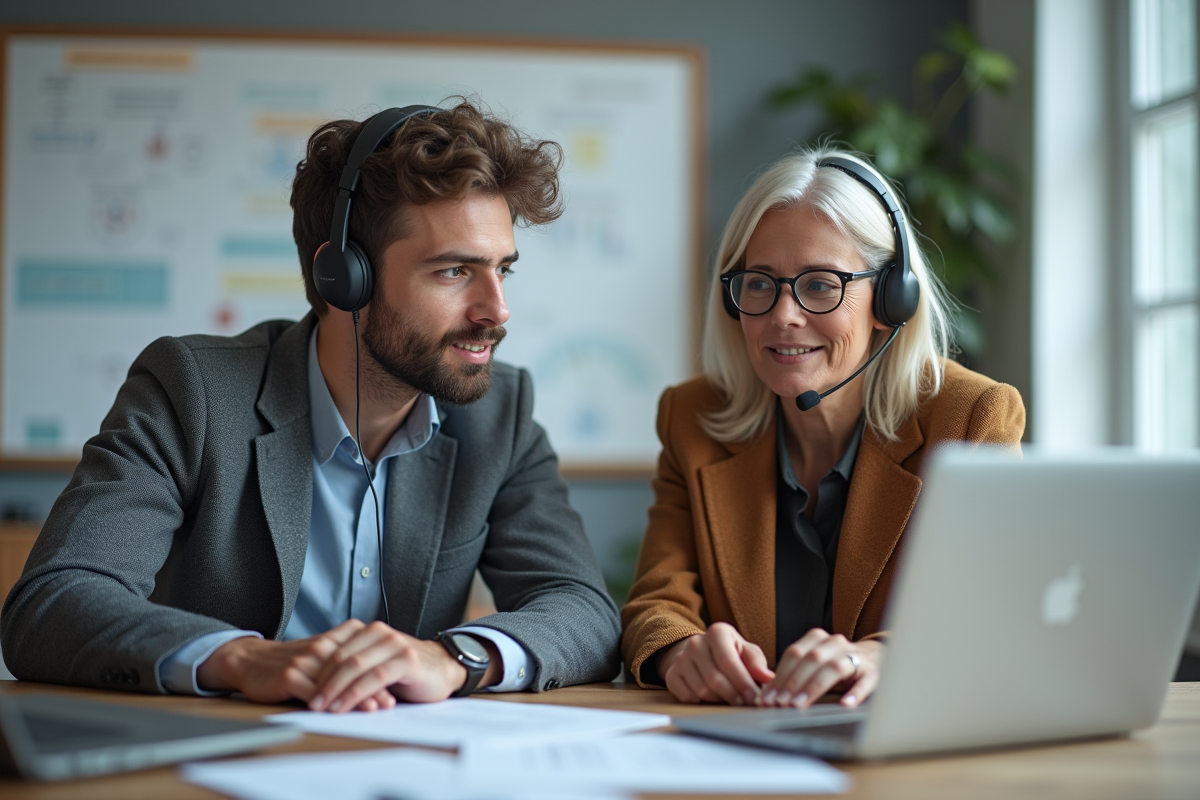 Jeune technicien support en conversation avec une collègue
