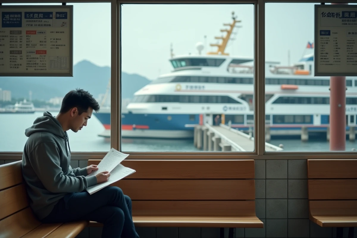Homme consultant un plan horaire dans la salle d'attente d'un terminal de ferry japonais avec vue sur le quai