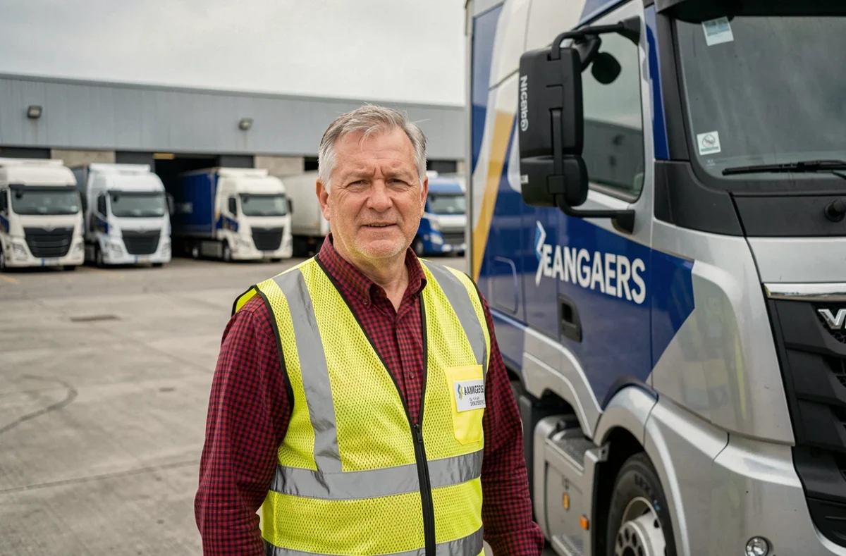 Conducteur de Transports Alain Osternaud en gilet haute visibilité devant son camion de transport dans un dépôt logistique près d'Angers