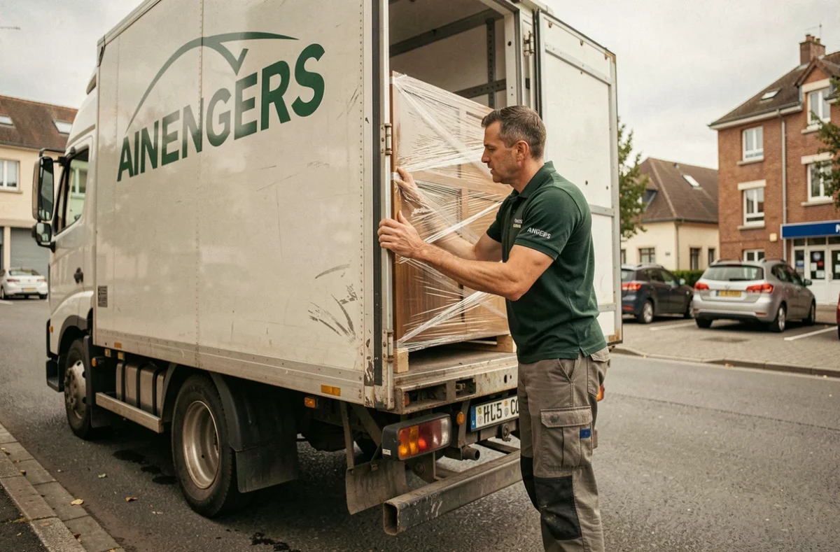 Déménageur de Transports Foucaud chargeant des meubles emballés dans un camion à Angers