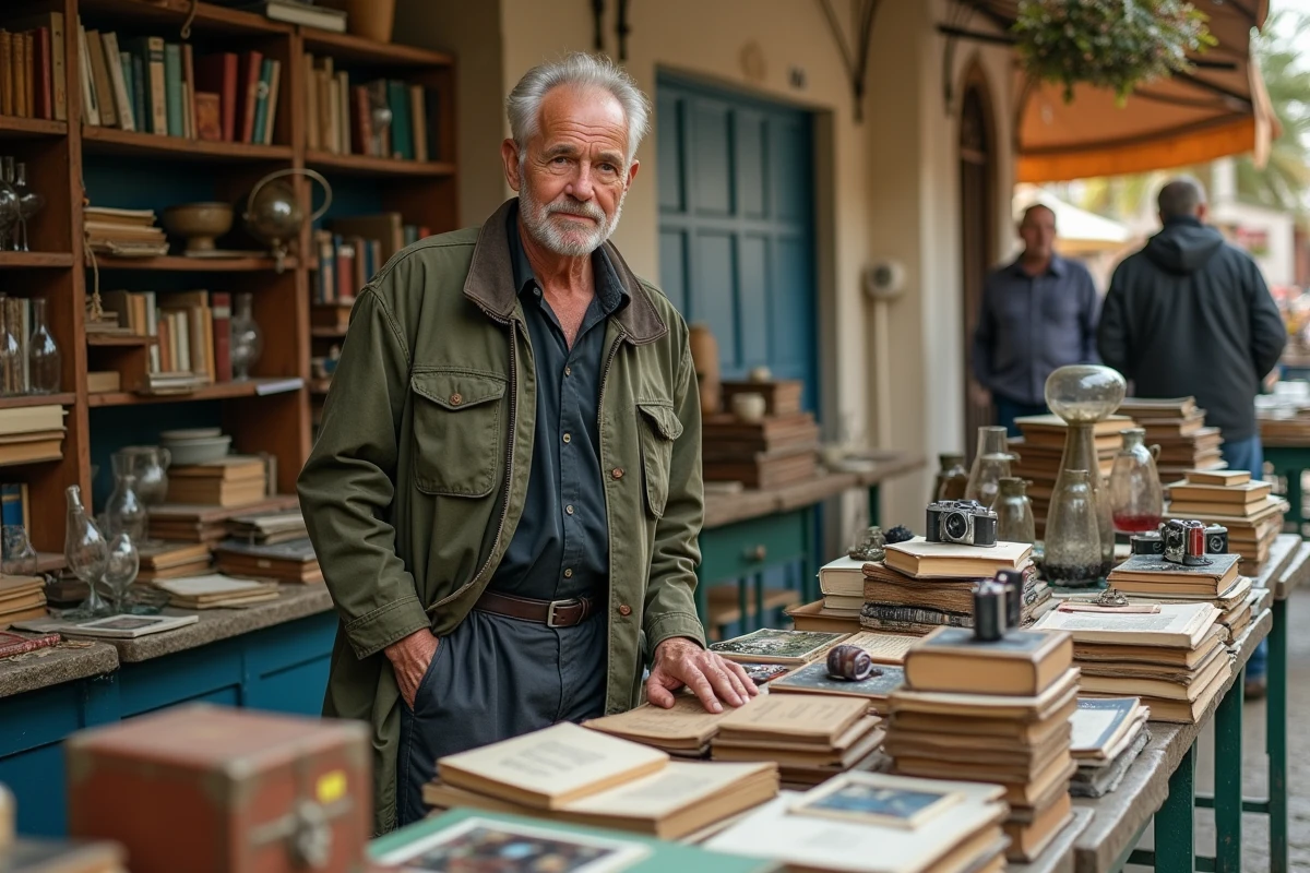 Vendeur derrière un stand rempli de livres anciens et d'objets vintage lors d'un vide grenier des Alpes Maritimes
