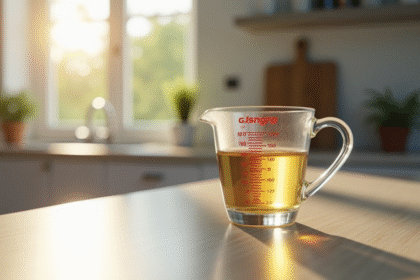 Verre mesureur de 60 ml sur plan de cuisine lumineux
