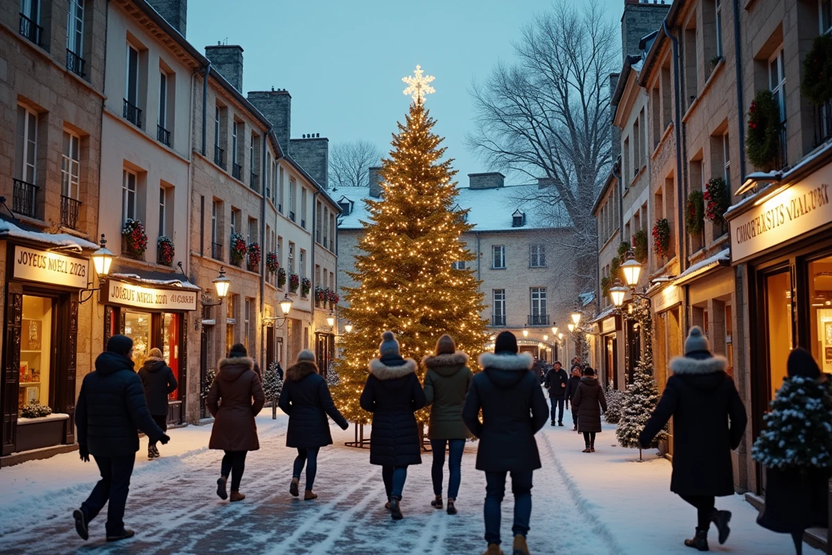 Place de village français enneigée décorée pour Noël 2026 avec une bannière Joyeux Noël, sapin illuminé et promeneurs en manteaux d'hiver