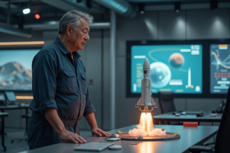 Homme visionnaire regardant un modèle de fusée Mars dans un centre hightech