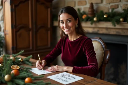Femme élégante écrivant des vœux de Noël 2026 à la main sur une carte décorée, ambiance chaleureuse avec décoration traditionnelle française