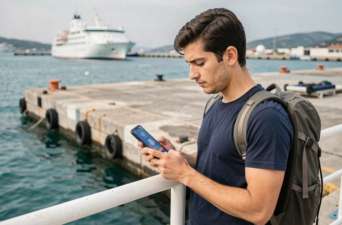 Voyageur consultant son téléphone pour composer un numéro grec depuis un port méditerranéen