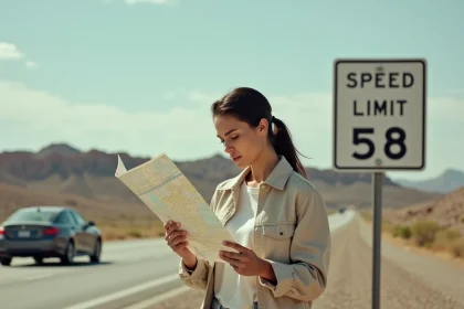 Voyageuse consultant une carte routière américaine près d'un panneau de limitation de vitesse en miles par heure lors d'un road trip