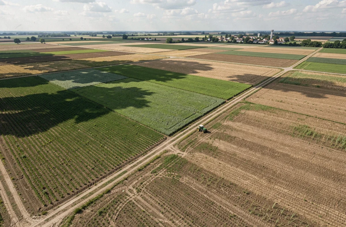 Vue aérienne de parcelles agricoles délimitées avec précision en France illustrant la mesure en hectares et mètres carrés de différentes cultures