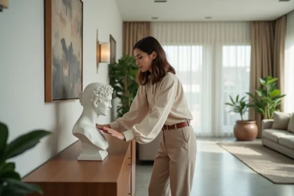Jeune femme arrangeant une statue en marbre dans un salon moderne