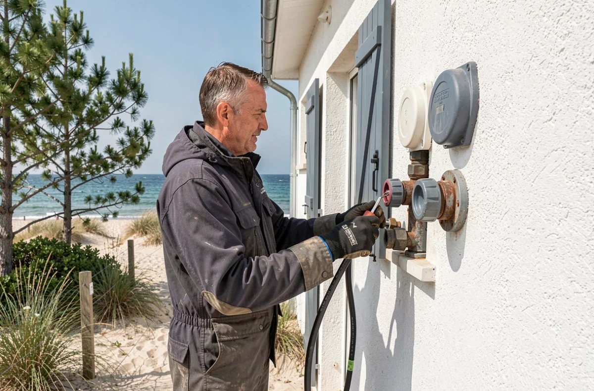 Électricien inspectant des installations électriques aux normes littorales sur une villa côtière de la Vendée